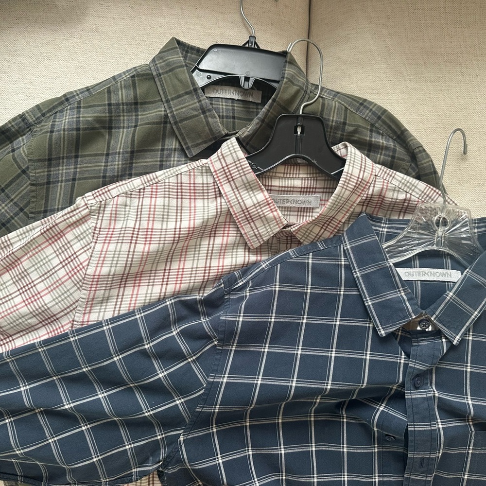 Three Outerknown Men's Plaid Shirts (Size Large) - Green, Red, Blue